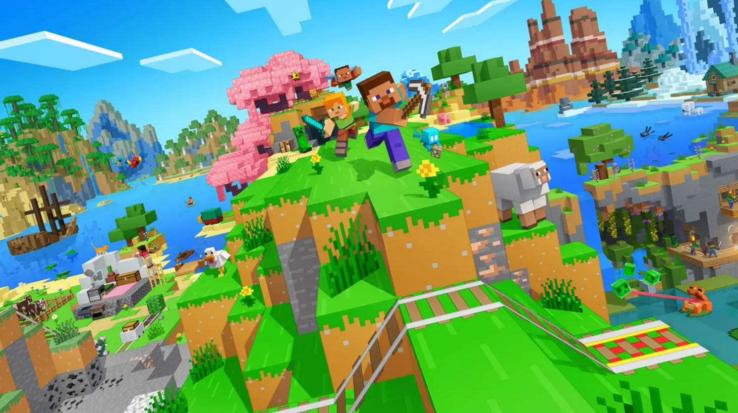 minecraft characters running through a field
